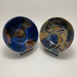 Hand Thrown Art Pottery Ceramic Bowls | 6.25" | Blue | Signed | Swirl | Set of 2
